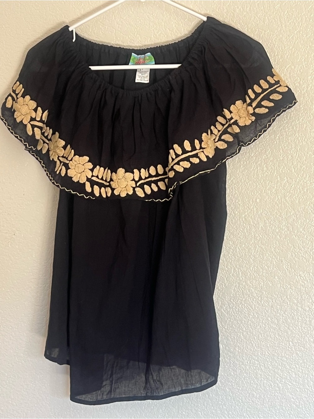 Boho Off-Shoulder Black Top with Gold Floral Embroidery